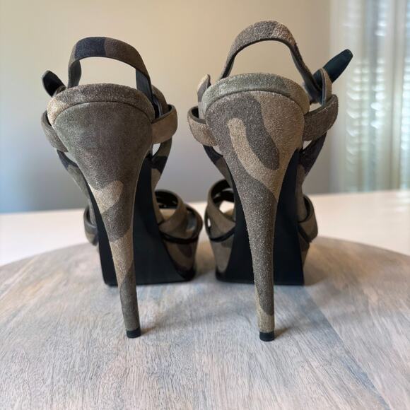 YSL Yves Saint Laurent Camouflage Green Suede Tribute Stiletto Heels Size 7.5 - Picture 10 of 14